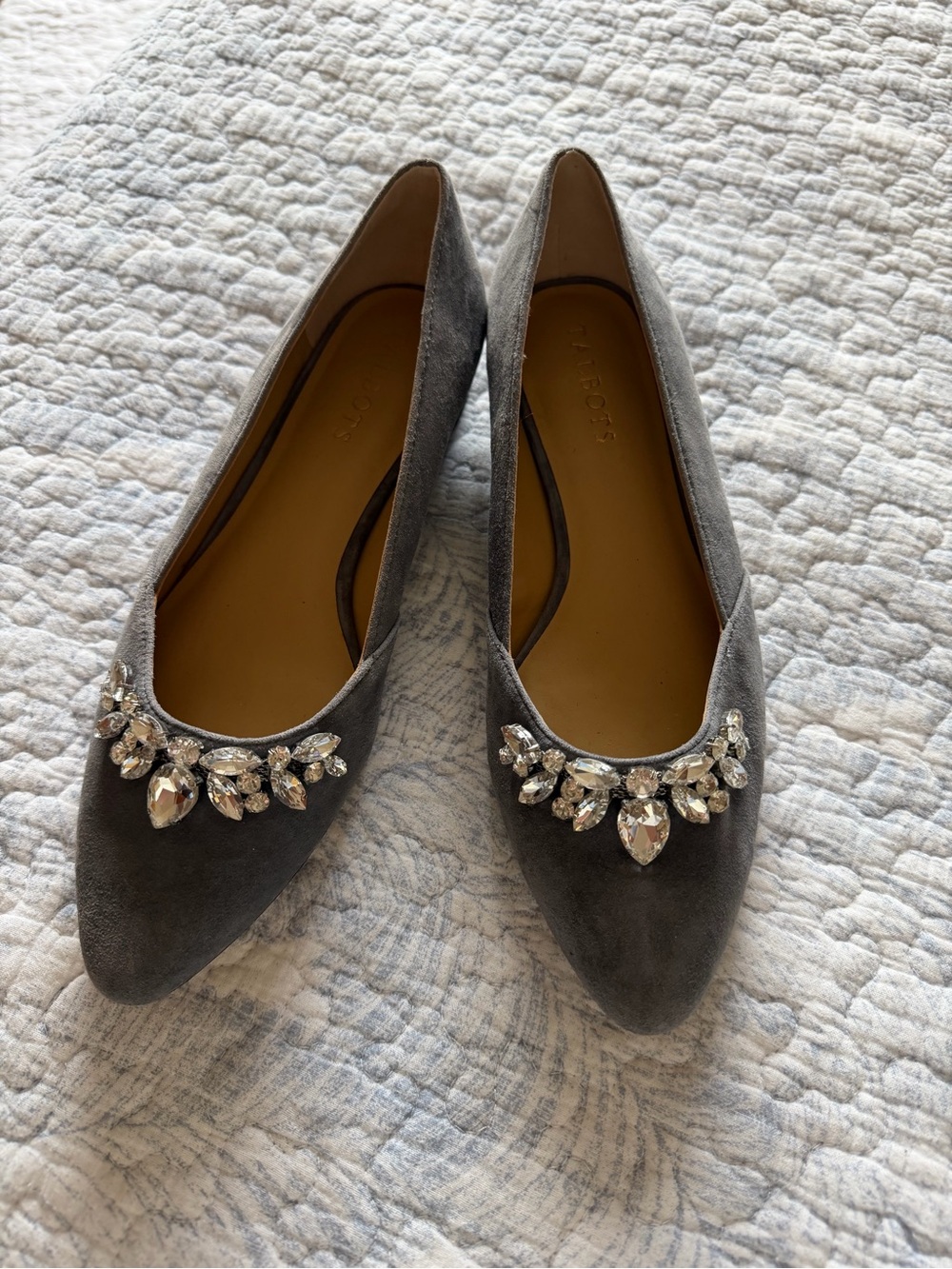 Talbots Gray Suede Pointed-Toe Flats with Crystal Accent